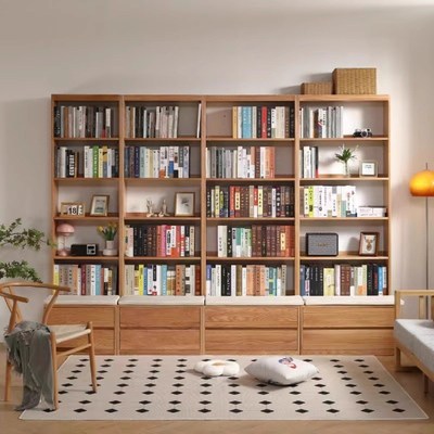 红橡木全实木满墙组合书柜带卡座落地组合展示柜