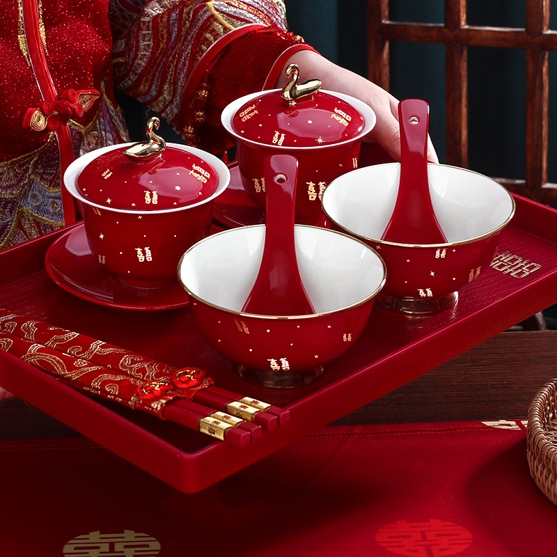 结婚碗筷装陪嫁改口敬茶杯喜碗一对红碗对碗敬酒婚礼用品大全