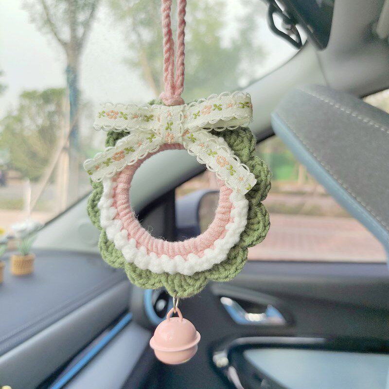 汽车挂件手工编织花环车内吊坠创意车载后视镜可爱少女蝴蝶结挂饰