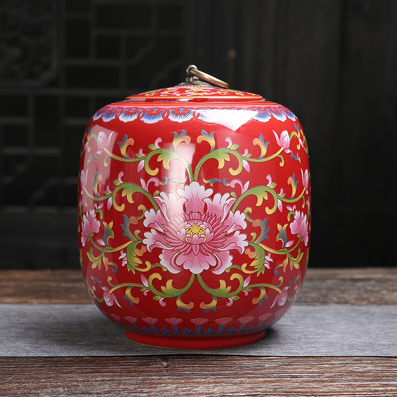 2斤装茶叶罐陶瓷大号密封罐存储普洱茶罐珐琅彩家用茶缸礼盒茶具