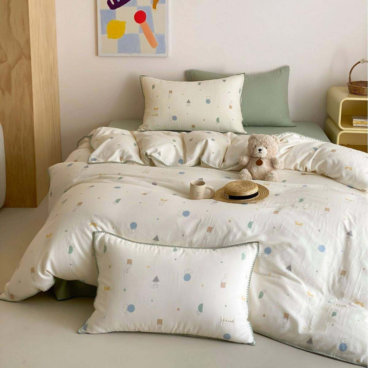 清新卡通可棉爱动物小新品全双层纱色波点被套床单四件JPN套床彩