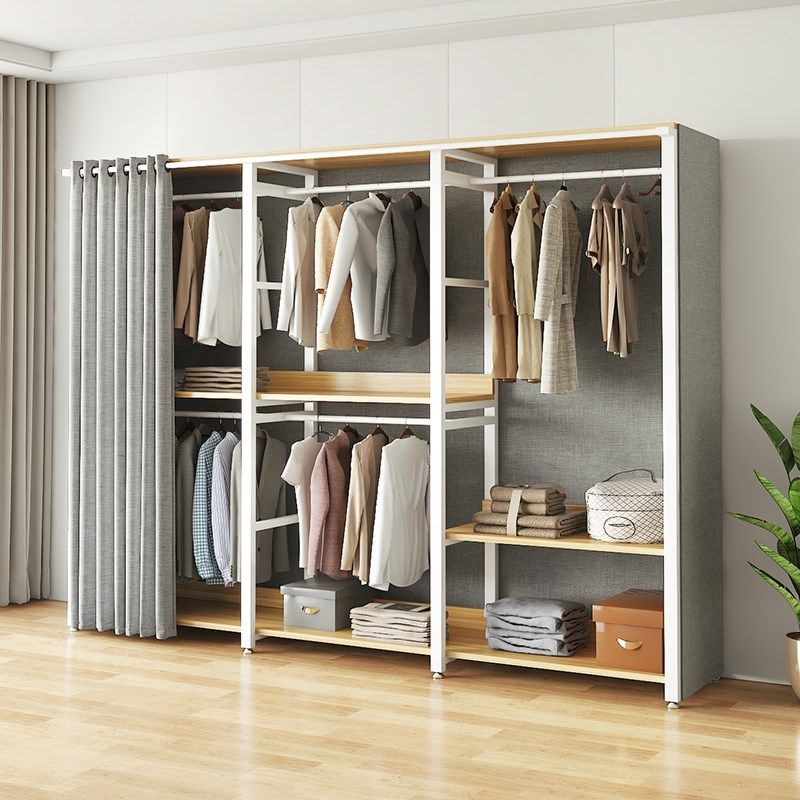 简易衣柜家用卧室钢木组合布衣柜现代简约出租房加粗加厚金属衣柜