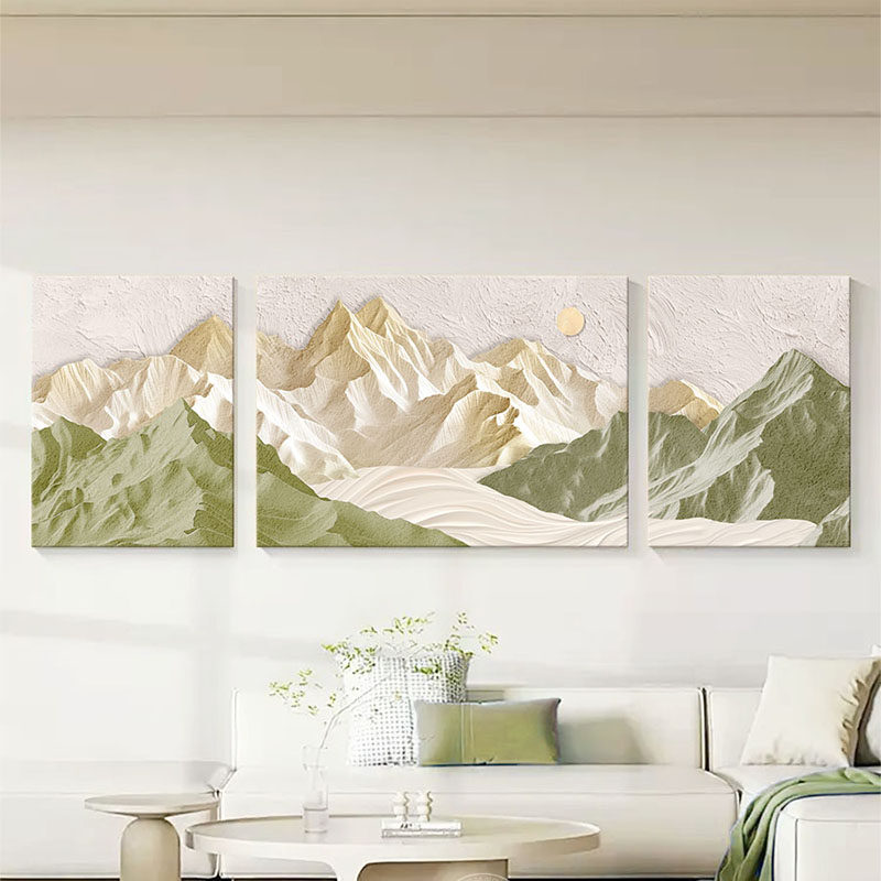 奶油风客厅装饰画抽象立体砂岩肌理画背有靠山沙发背景墙三联挂画