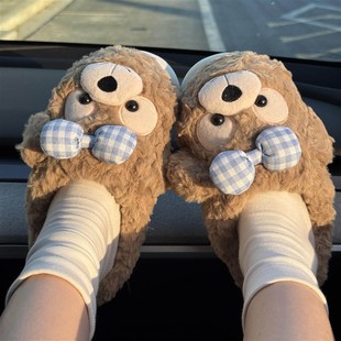 防滑软底室内家居鞋 学生宿舍加绒加厚保暖棉鞋 女冬季 达菲熊棉拖鞋