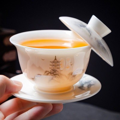 中式底蕴手工精制羊脂玉白瓷可悬停三才盖碗单个不烫手泡茶碗大号