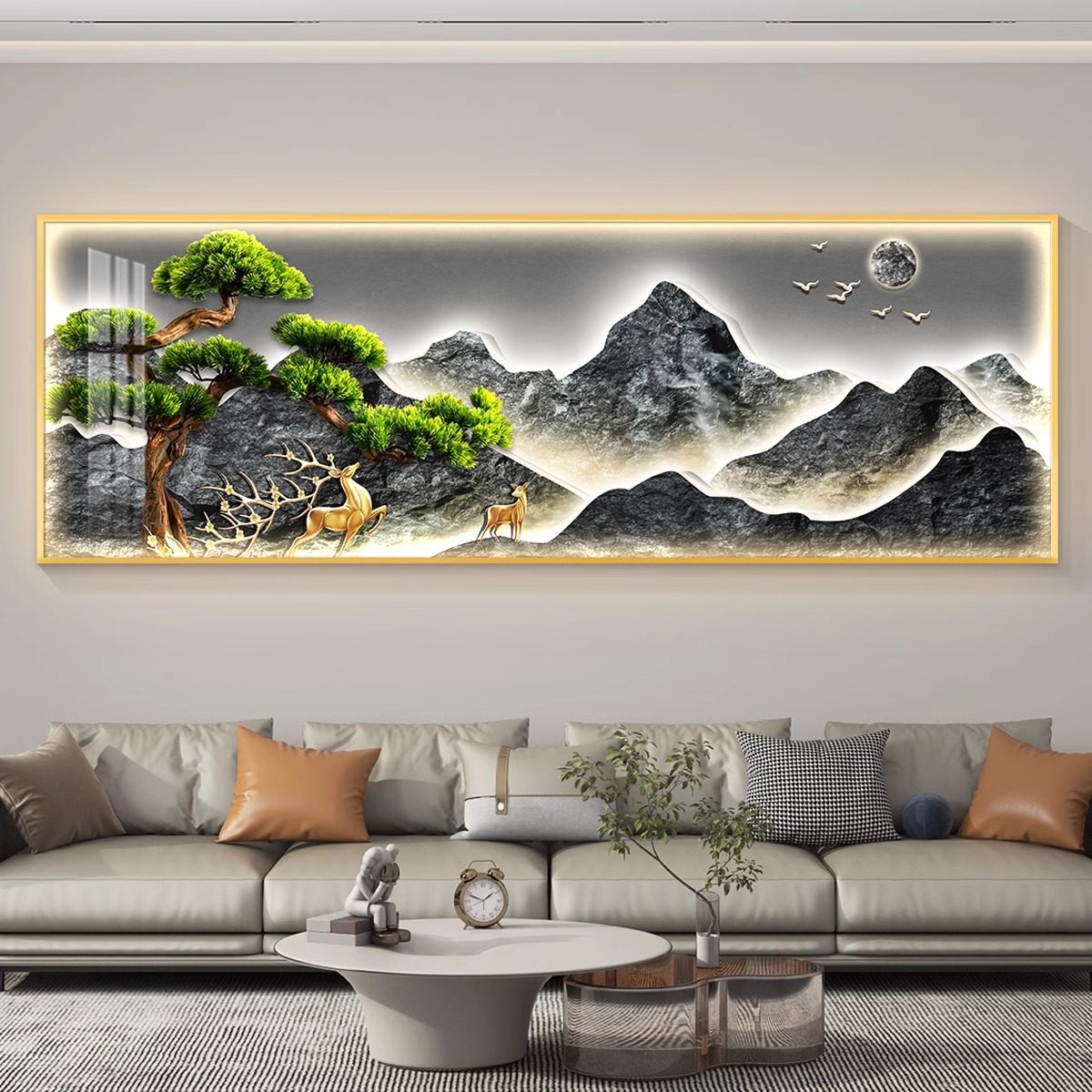 带灯迎客松茶室挂画LED背有靠山客厅墙上装饰画沙发背景墙壁灯画