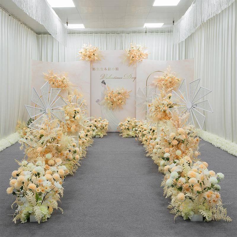 香槟色婚礼场景装饰花艺 婚庆背景墙舞台t桌布置地排花路引花点花
