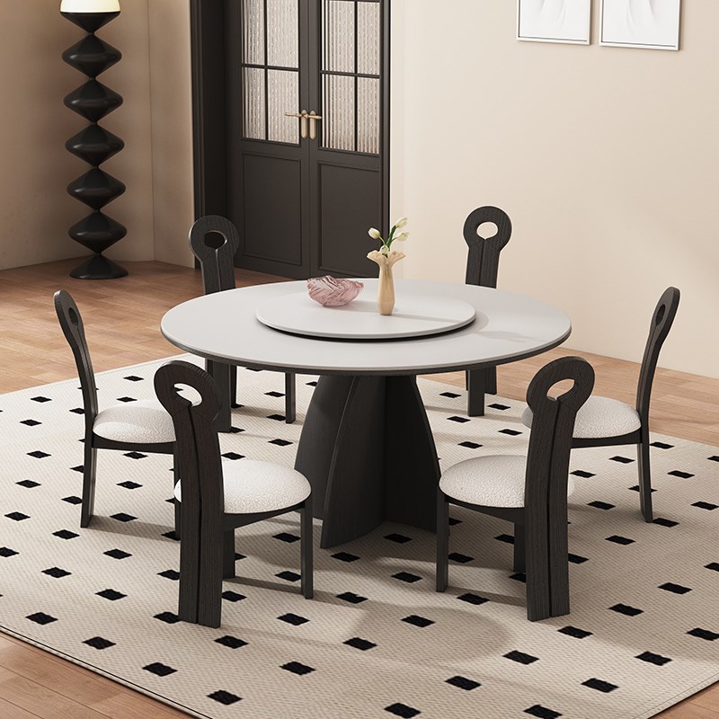 法式实木餐桌家用黑色圆形带转盘意式现代简约纯白复古岩板圆桌