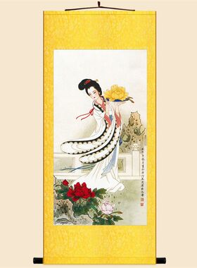 牡丹仙子图 仕女花神丝绸画 绢布卷轴画中式复古书房装饰画定制