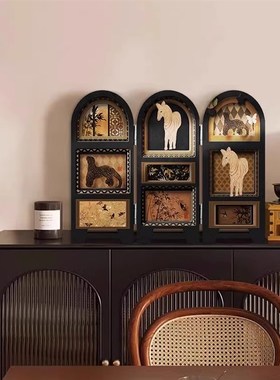 中古风桌面屏风摆件复古客厅电视柜装饰画入户玄关边柜法式小摆件