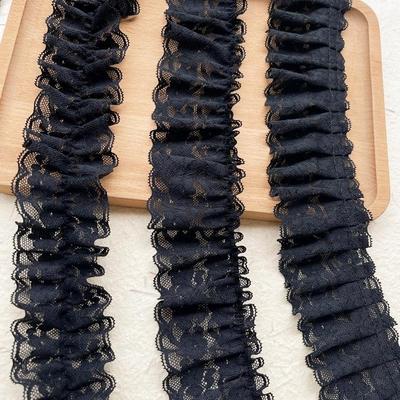 1米长度价优质黑色弹力褶皱木耳边裙摆蕾丝罗莉塔装饰花边辅料diy