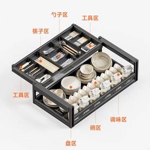 百隆轨道拉篮碗碟蓝厨房橱柜内置双层抽屉式碗篮太空铝合金3层