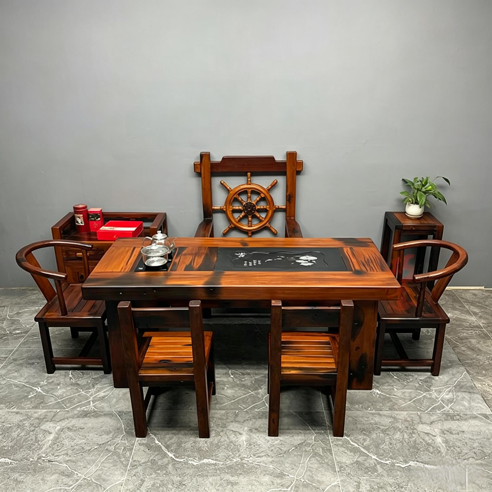 老料旧船木茶桌椅组合铁力木办公茶台简约泡茶几茶室功夫茶艺桌台