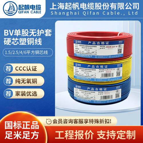 起帆电线 BV1*2.5/4/6/平方电线铜芯100米单芯塑铜线电线BV铜线