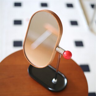 斗合家居原创设计中古风樱桃木桌面化妆镜复古家用可旋转装饰镜子