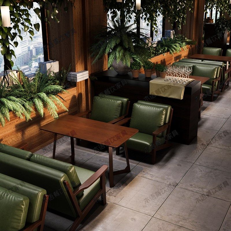 连锁奶茶店桌椅组合咖啡店馆休闲区实木沙发咖啡厅椅子阅读区卡座
