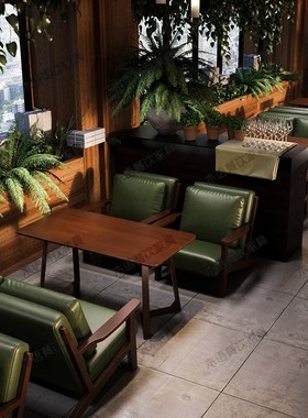 连锁奶茶店桌椅组合咖啡店馆休闲区实木沙发咖啡厅椅子阅读区卡座