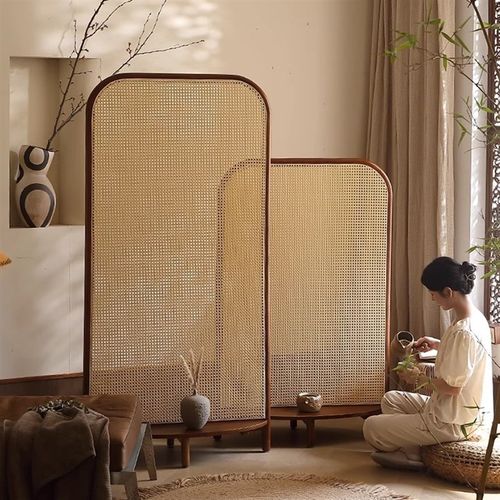 中复古日式实木藤编屏风置物花架客厅玄关入户卧室遮挡隔断可移动