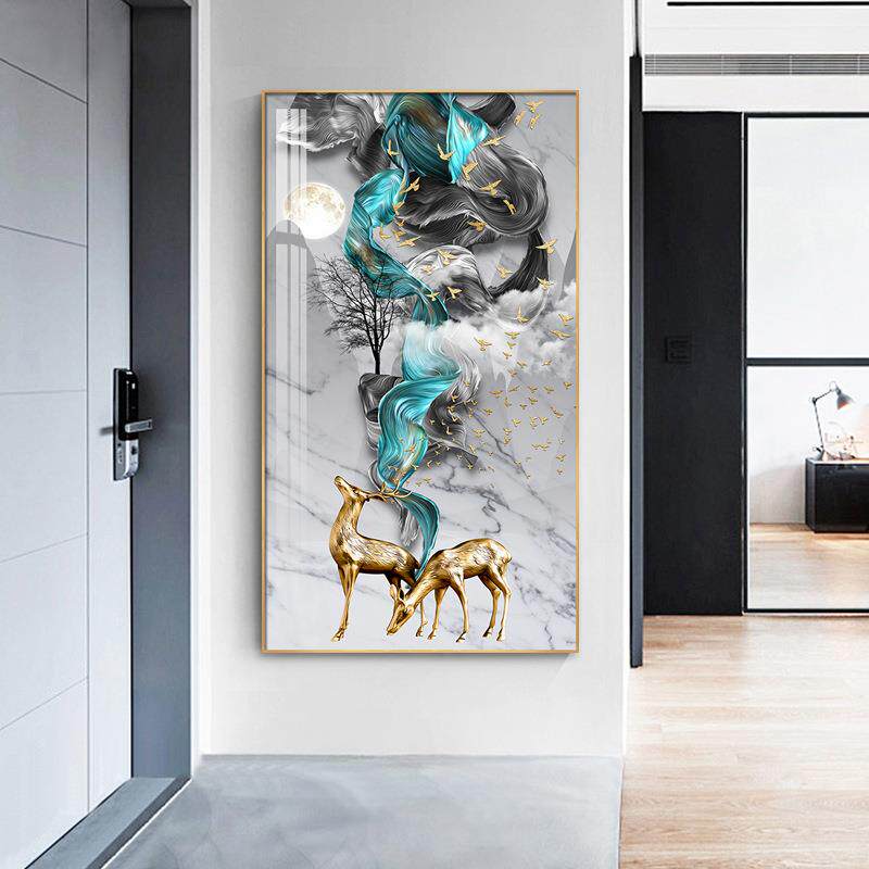 现代简约玄关装饰画竖版抽象入户走廊过道墙壁画玄幻进门挂画麋鹿