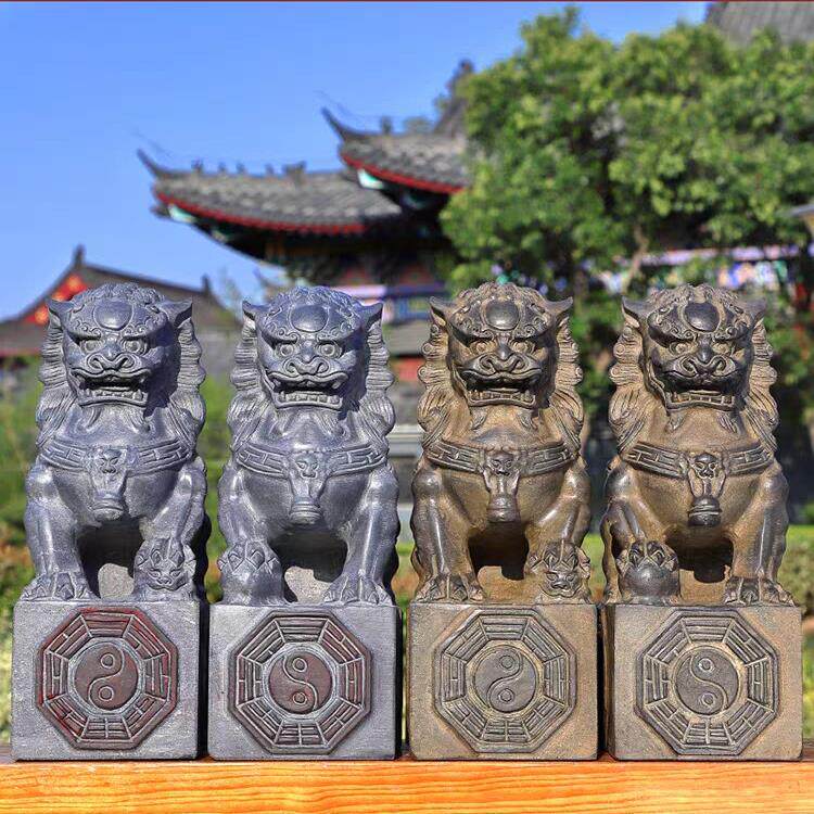 一副青石八卦石狮子石雕香炉花瓶家庭祭拜石雕祭祀古董装饰品