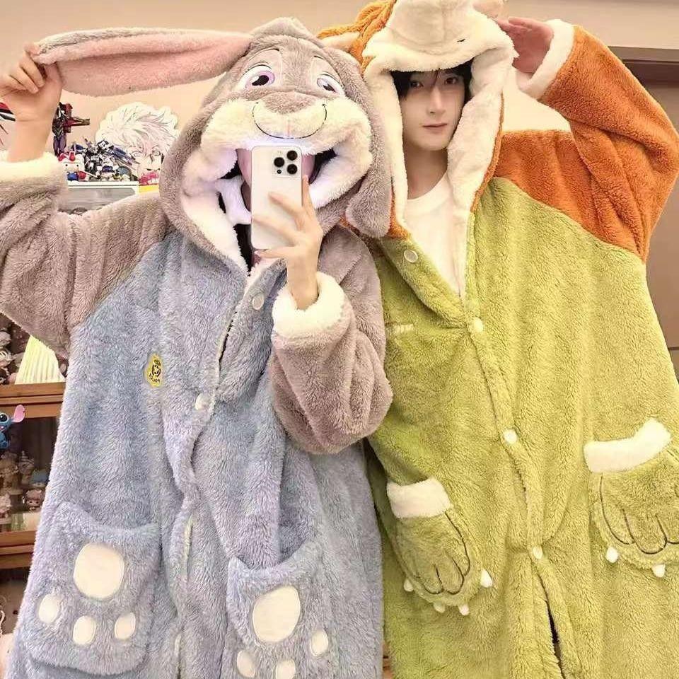 疯狂动物城睡衣朱迪尼克睡袍珊瑚绒加厚情侣睡衣秋冬季家居服套装