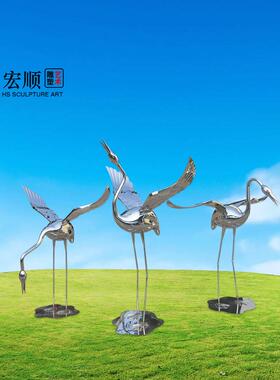 镜面仙鹤不锈钢雕塑别墅样品屋展示中心水池草坪地白鹭火烈鸟动物