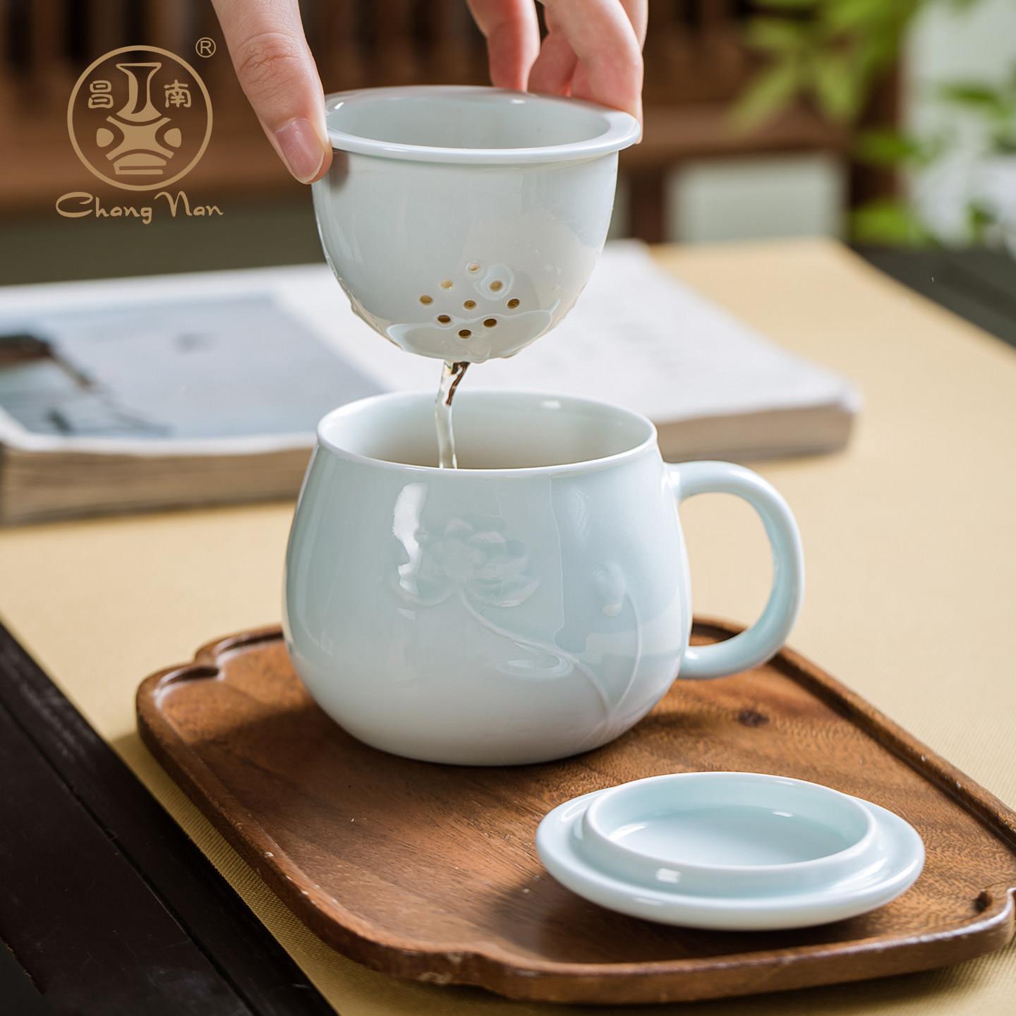 昌南景德镇影青瓷茶杯茶水分离泡茶杯陶瓷过滤带盖子办公室个人专