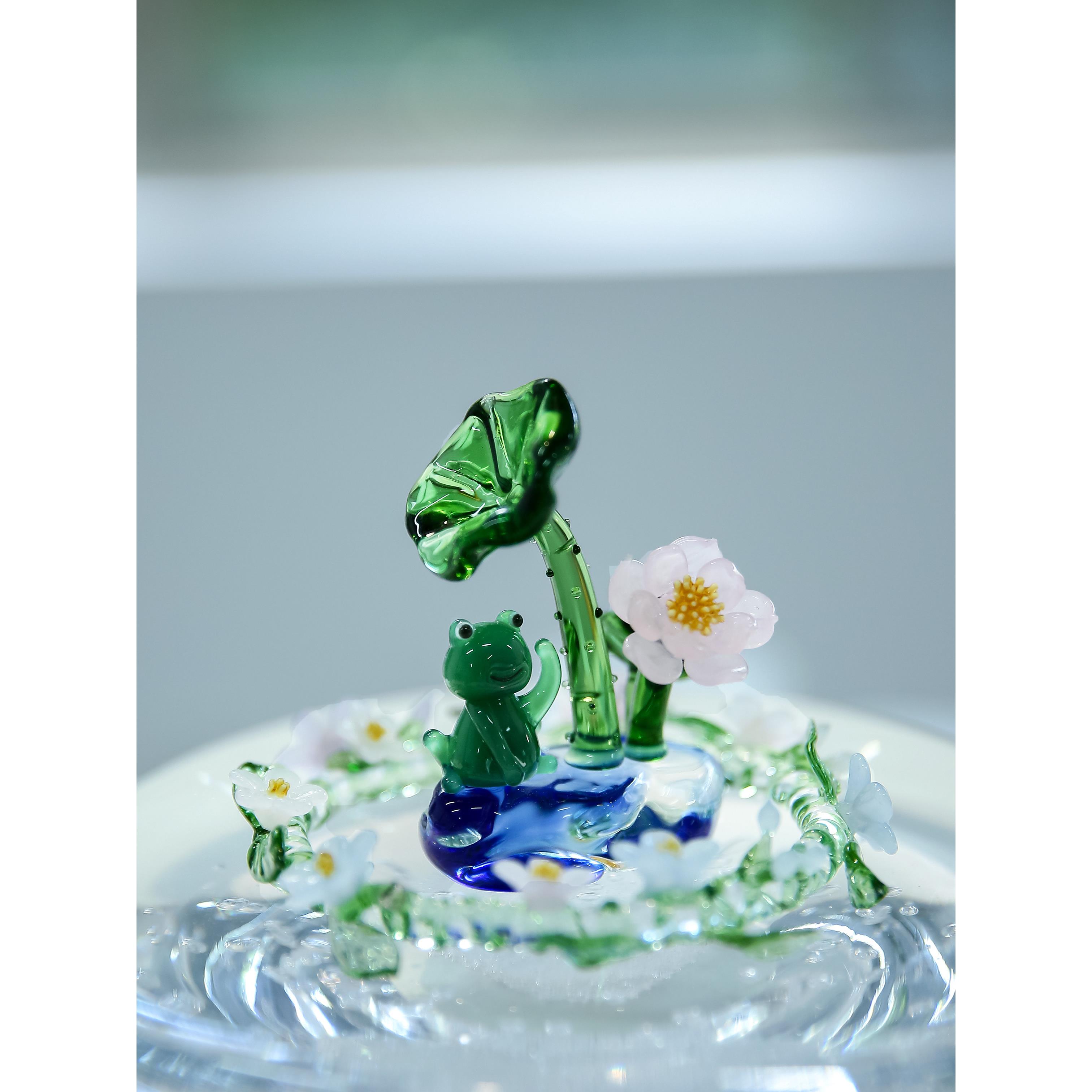 七隐 原创手工琉璃摆件创意可爱青蛙荷花桌面装饰品 汽车车载摆件