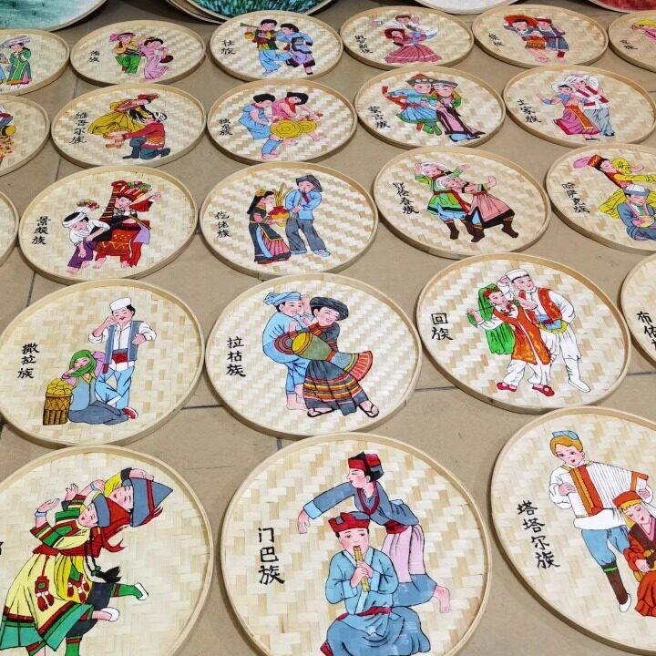 56民族手绘竹编饰品簸箕画装饰挂件竹筐画饭店复古风农家乐竹筛子