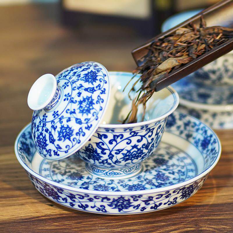 【特】缠枝莲盖碗茶具套组青花瓷茶碗高档悬停盖碗功夫茶具泡茶碗