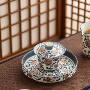 青花釉里红壶承盘圆型茶盘干泡台茶点盘陶瓷茶具配件茶托鱼藻纹