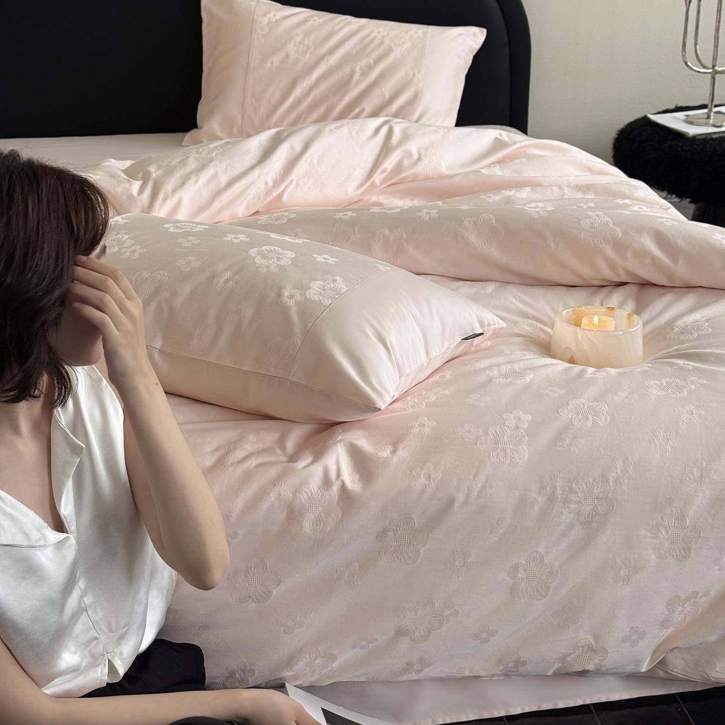 女生法式提花全棉四件套100S高支长绒棉秋冬新品纯棉被套床单床笠