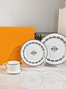 灰色铁链骨瓷牛排糕点西餐盘餐具网红下午茶杯咖啡杯家用简约杯碟