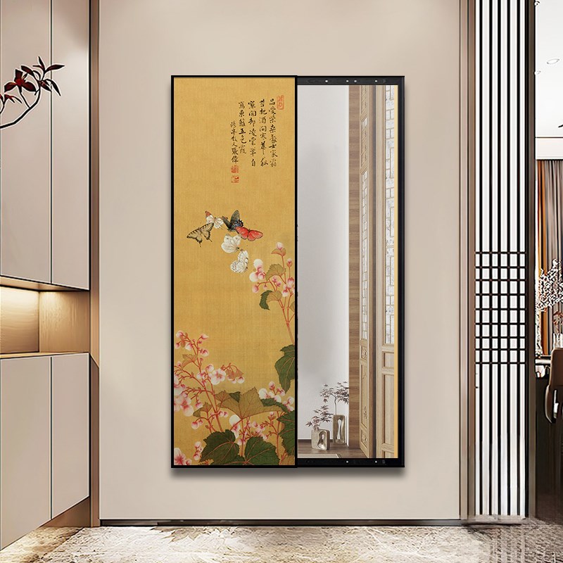 中式玄关镜子画中古风蝴蝶挂画可推拉隐藏式全身镜卧室穿衣镜壁画
