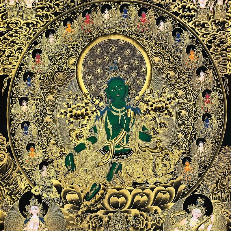 绿度母描金画稿唐卡西藏手绘DIY描金唐卡静心减压白描涂色装饰画