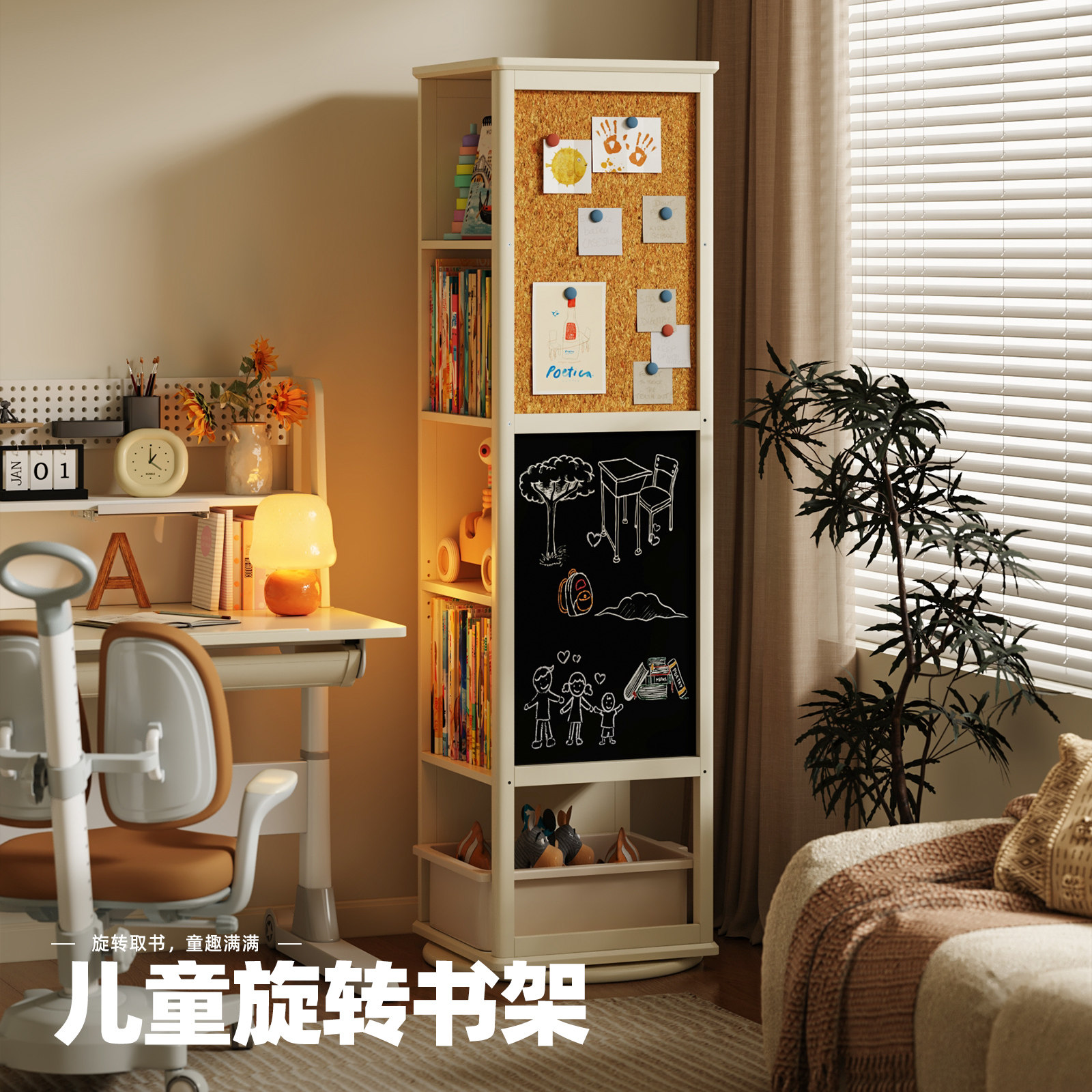 儿童旋转书架书桌旁多层收纳储物柜客厅儿童房多功能实木学习书柜,住宅家具,旋转书架,淘宝优惠券,粉丝福利购,淘宝优惠卷