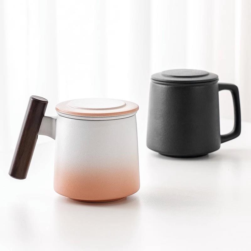 渐变粉茶杯带盖办公杯个人专用陶瓷哈哈哈马克杯茶水分离喝茶杯子