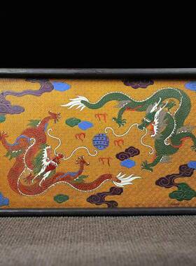 珍实藏黑檀木长方形铜角茶盘88001246收木托盘纳雕镇双龙盘