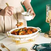 北FCQ欧风椭圆陶瓷汤家用酒具店餐锅架蜡烛加热鱼锅盘双耳干砂锅