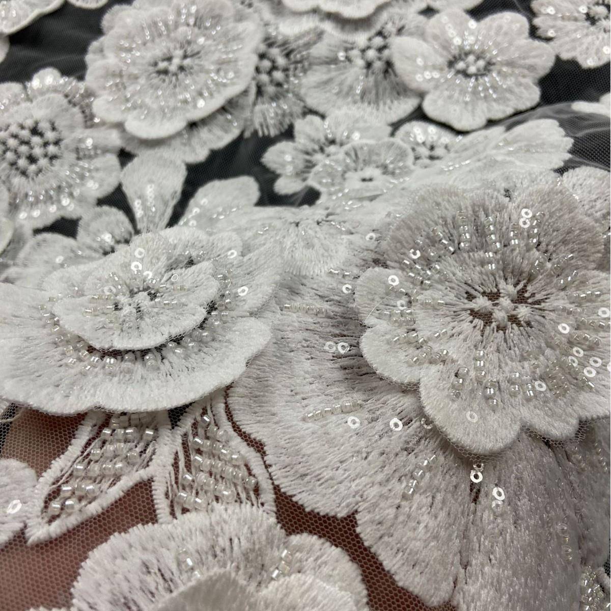 款珠管绣花面料蕾丝刺绣色激光亮片纱立体婚礼服黑ZG116新白花边