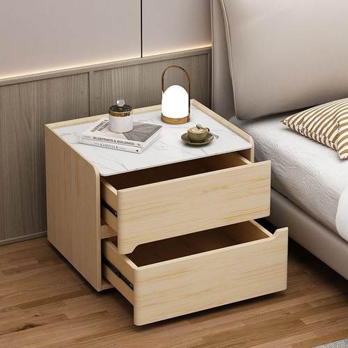 实木轻奢床头柜简约现代高级奶油卧室床边柜家用储物柜岩板收纳
