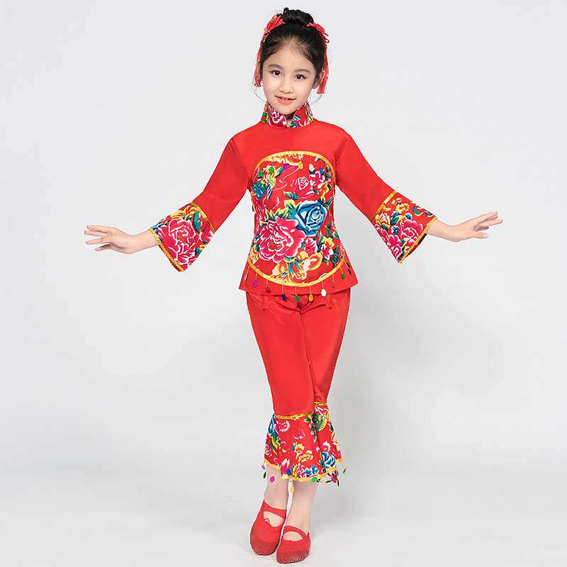 儿童秧歌服女童开门红喜庆表演服东北二人转手绢扇子舞蹈演出服装