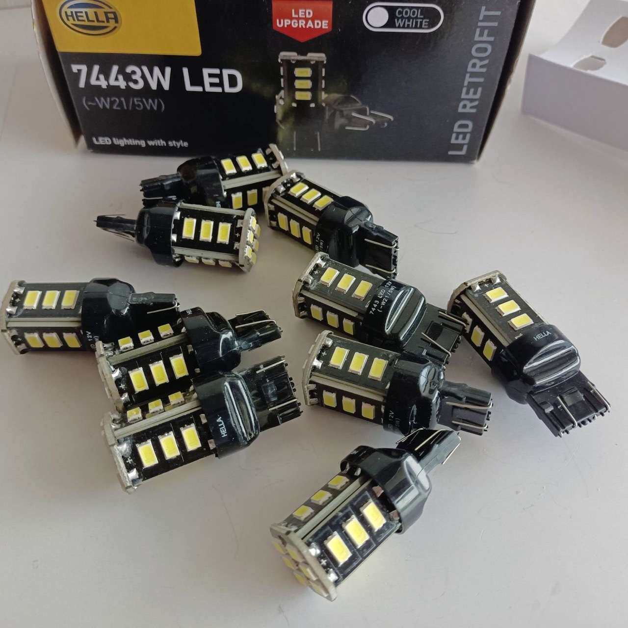 海拉HELLA汽车LED小灯T20双丝插泡W21/5W日行倒车灯6000K白光7443