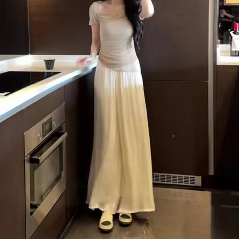 白色夏冰LB08266#丝阔腿裤女小个子春薄款闲高腰垂感宽季松百褶雪