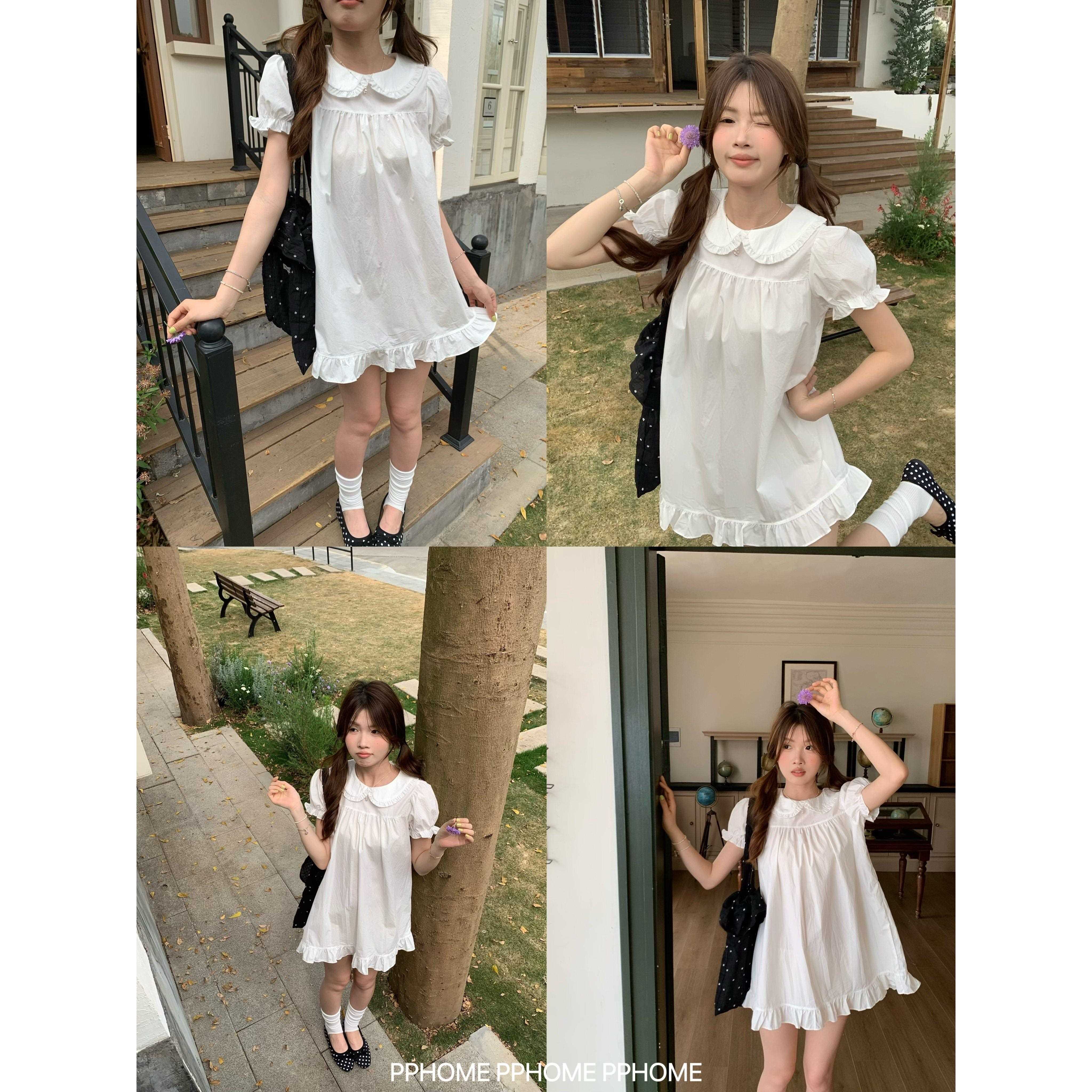 PH衣OMEP自制~月光初恋 娃娃韩领短袖衬衫QGG女夏上系甜美白色连