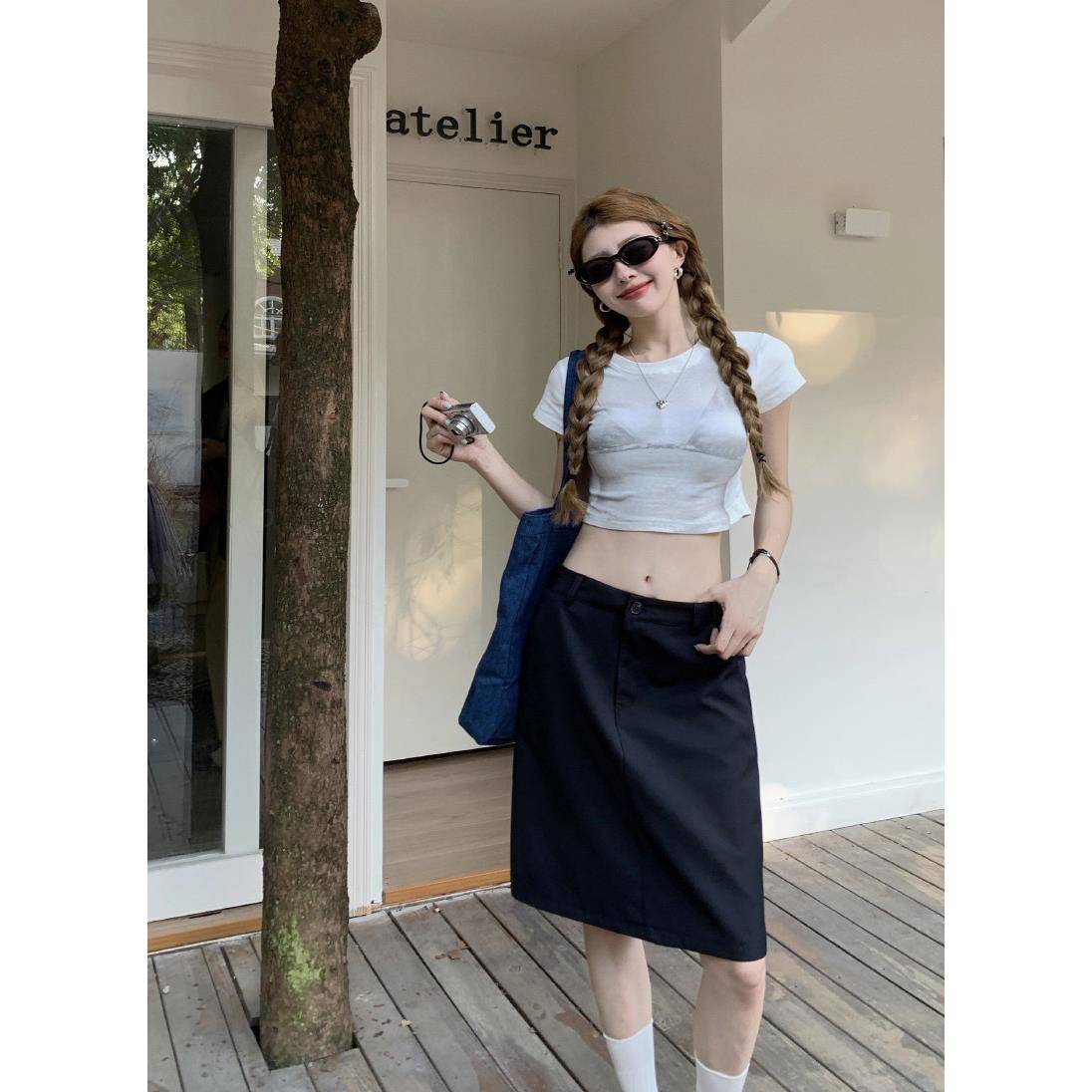 纯色季半裙女秋显瘦西装身面料m胖m过膝OCI中裙a字裙韩版直筒短裙