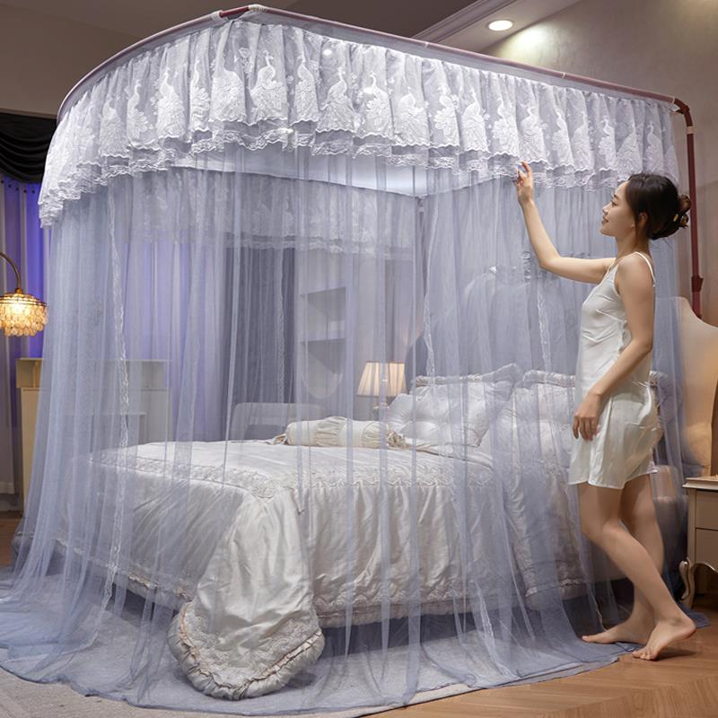 0伸缩防蚊帐225新款U导型轨三门家用卧室情定巴黎蚊公主风床幔落