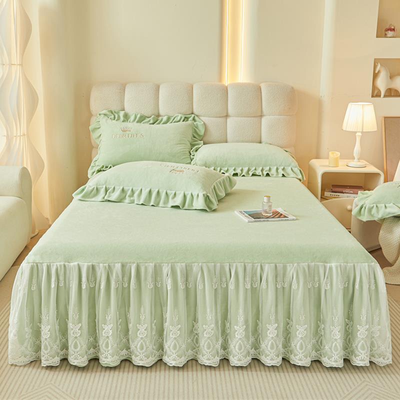 秋冬A类牛hex09910绒奶绒床裙件加床罩高级单感刺绣花边公主风床