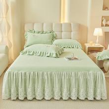 秋冬A类牛hex09910绒奶绒床裙件加床罩高级单感刺绣花边公主风床