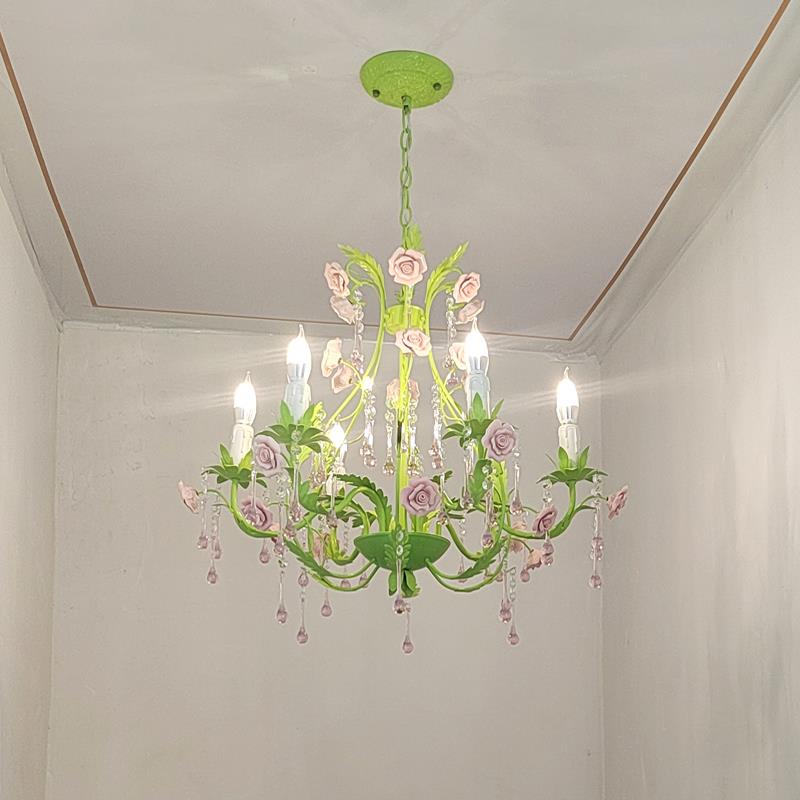 色田园NWU轻奢水晶吊灯艺厅饭厅绿灯女孩卧室玫瑰灯店铁铺商客用